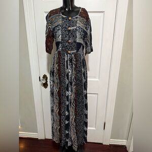 Vintage Womens Safari Jungle Animal Print Sheer Dress Size Medium Long Buttons